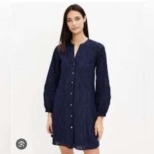 2 for $20 sale: Loft navy blue cotton eyelet long sleeve button down dress - S